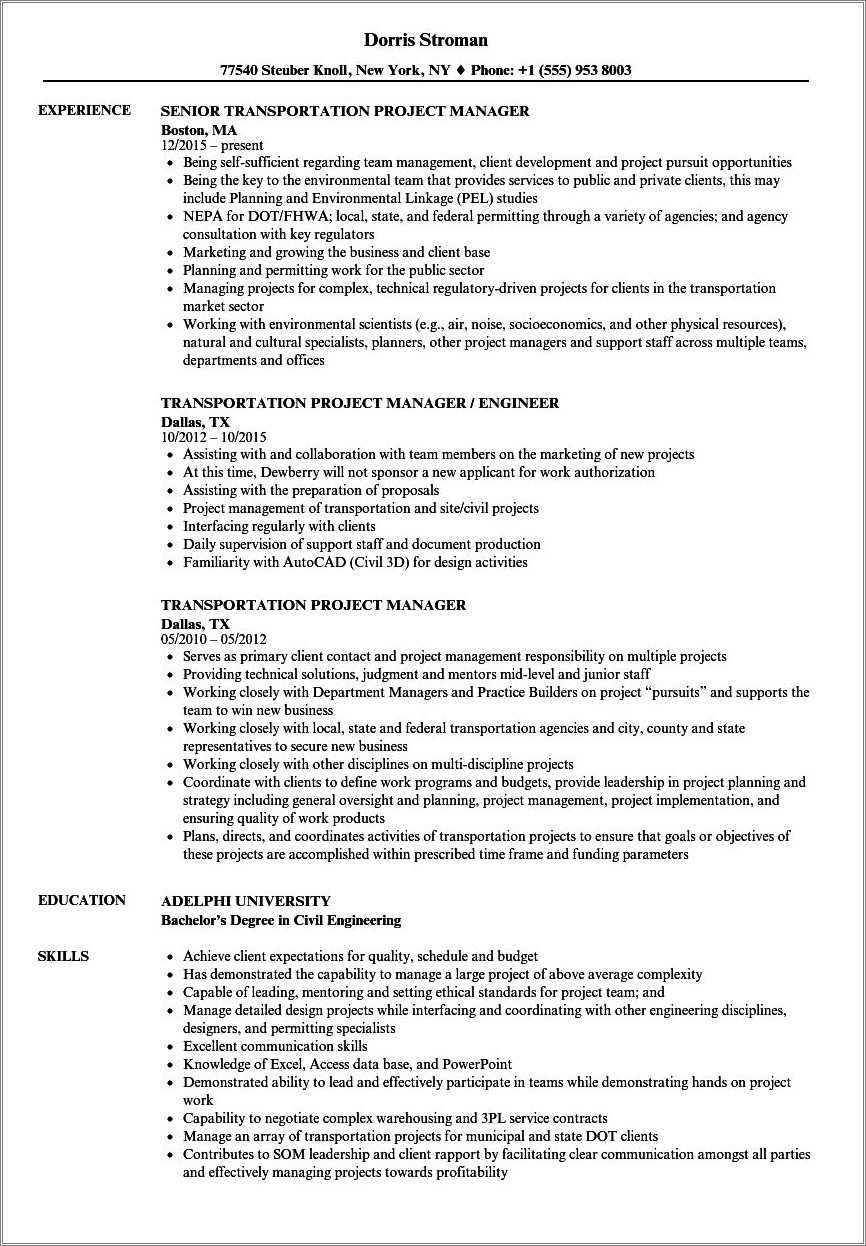 sample resume for project manager civil
