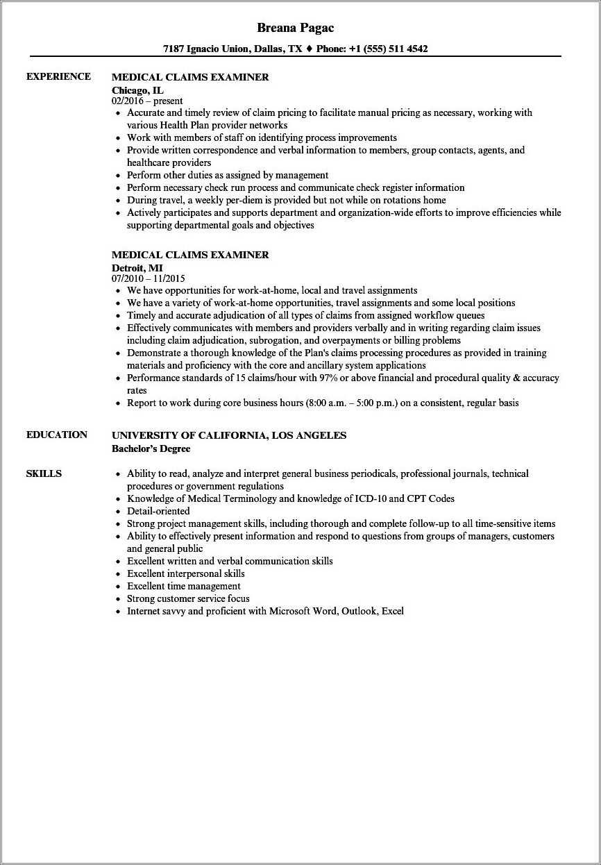 Claims Examiner Job Description For Resume Resume Example Gallery