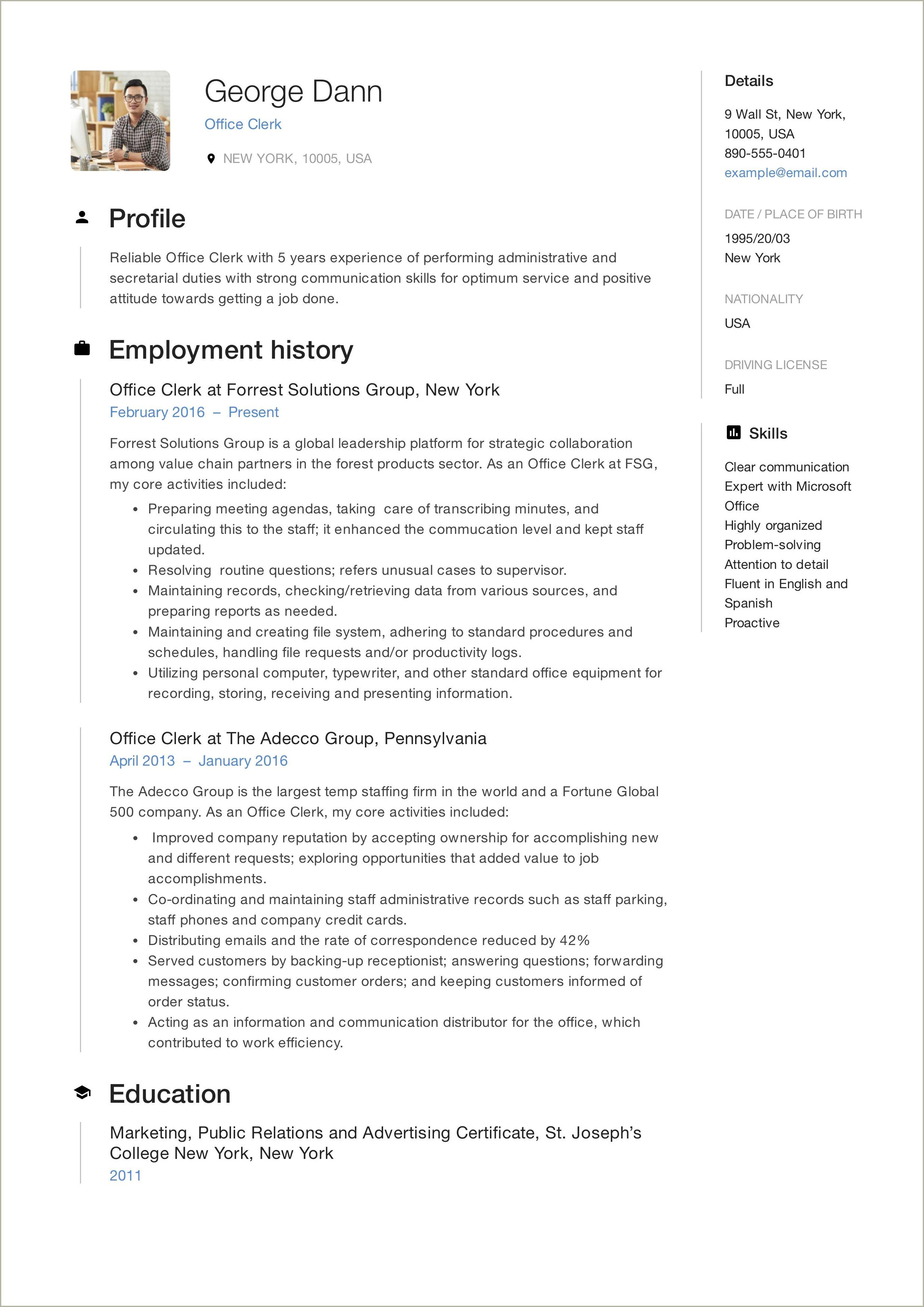 Clerical Resume Examples And Samples Resume Example Gallery