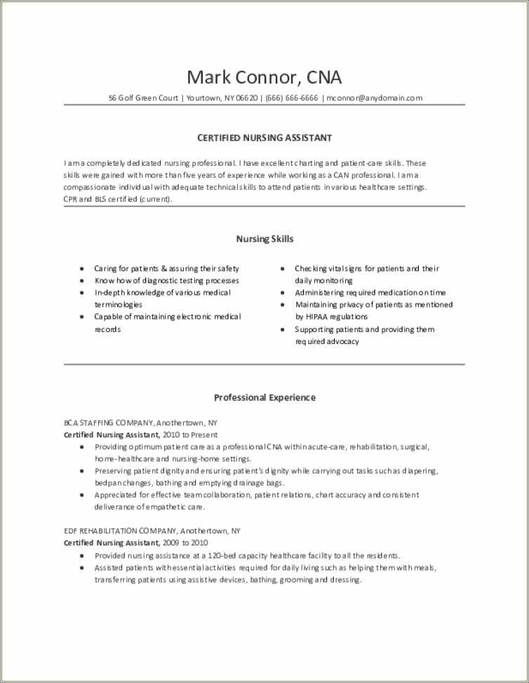 Cna Hospital Experienced Resume Sample - Resume Example Gallery