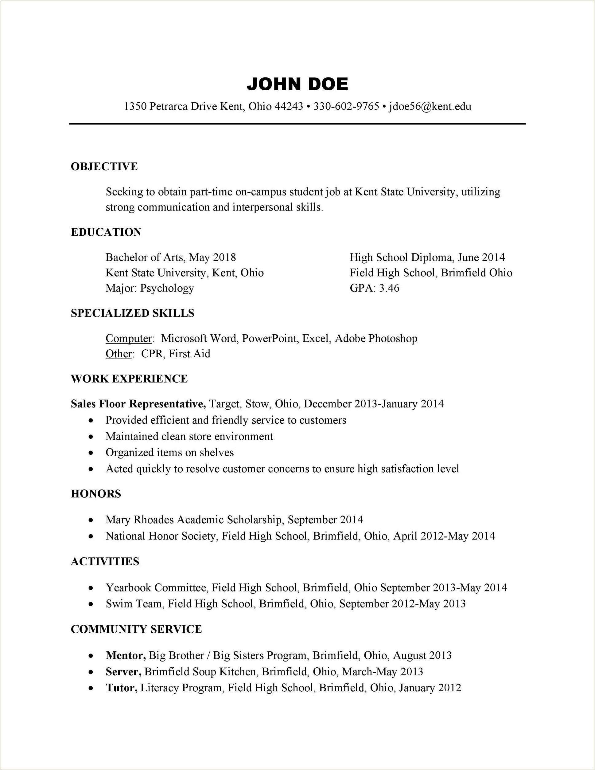 High School Student College Resume Example - Resume Example Gallery