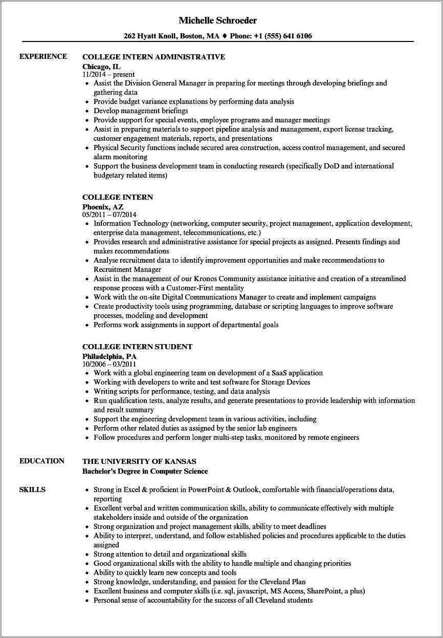 College Student Resume For Internship Samples - Resume Example Gallery