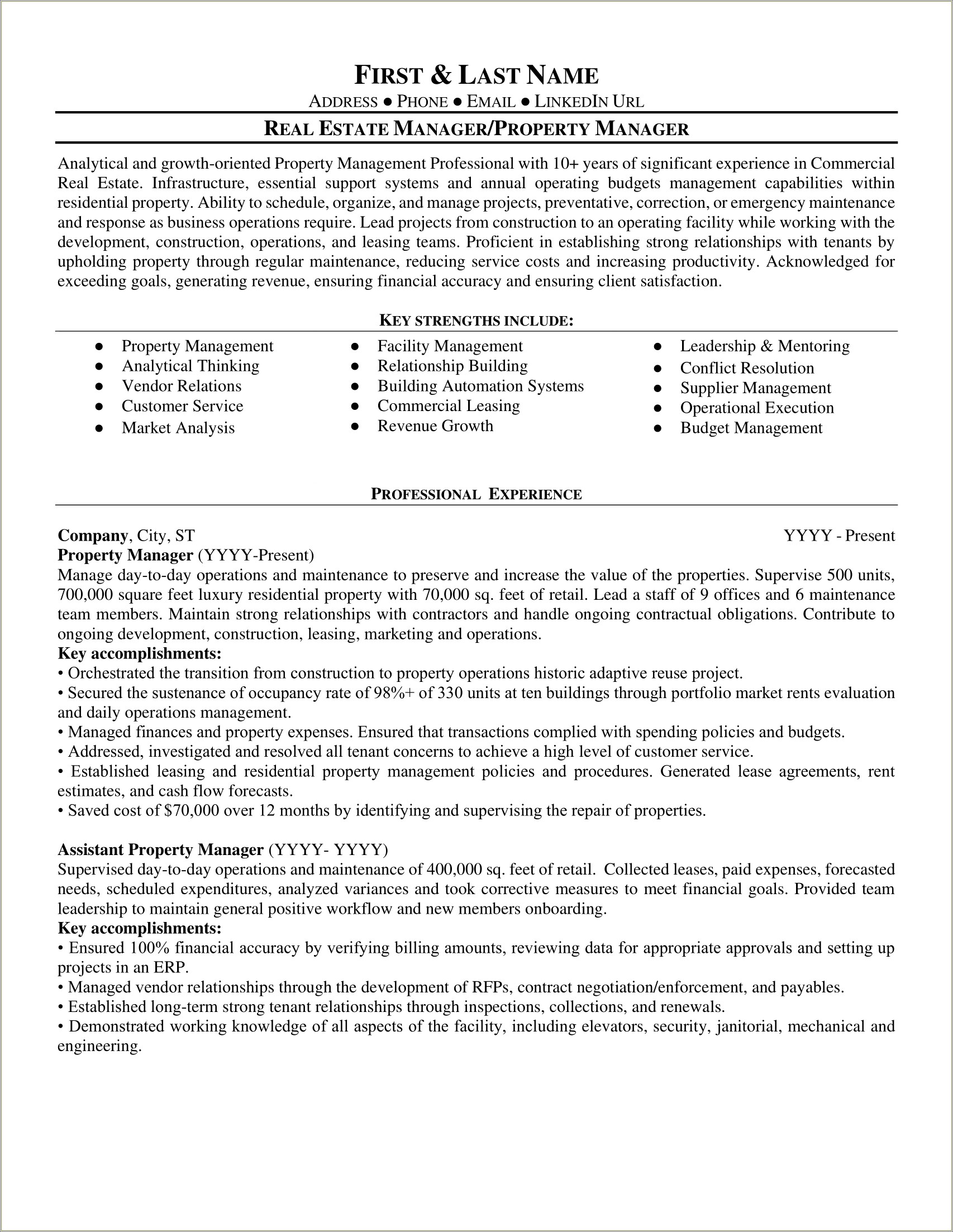 Resume Commercial Real Estate Property Management Resume Example Gallery