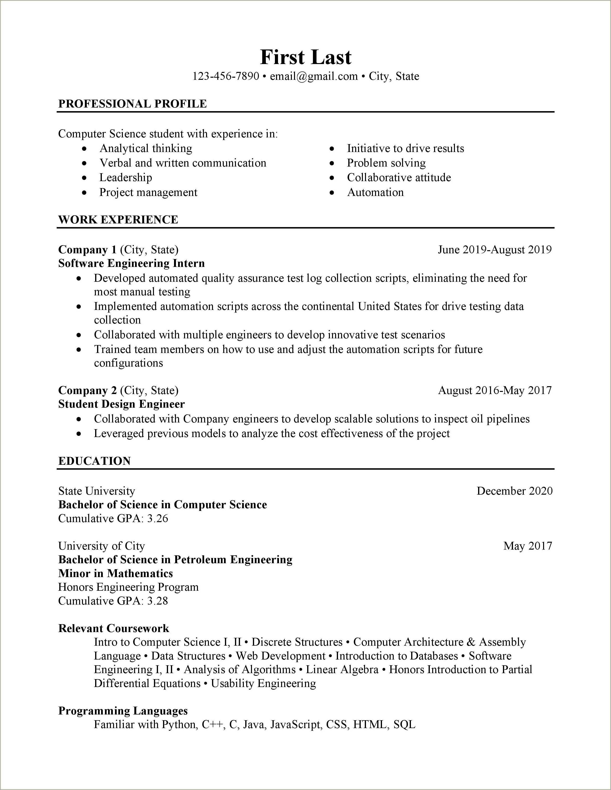 Computer Science Intern Resume Example Resume Example Gallery