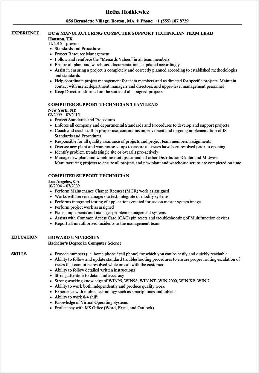 Computer System Technician Resume Examples - Resume Example Gallery