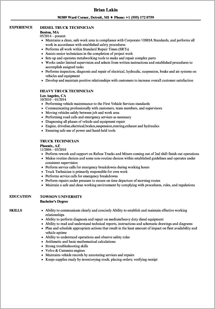 Construction Equipment Mechanic Resume Sample - Resume Example Gallery