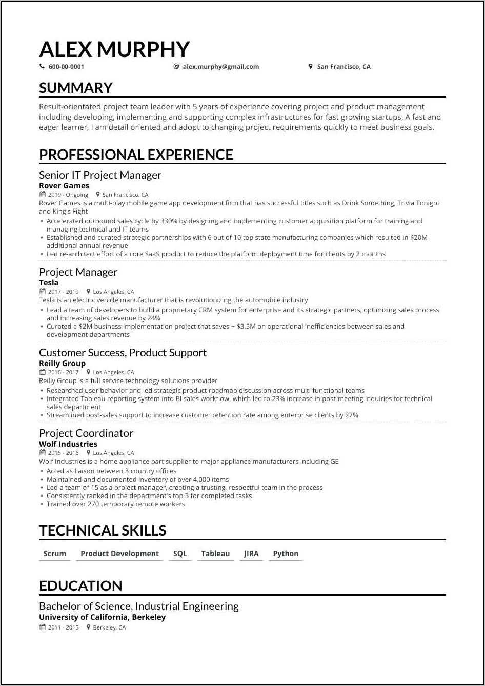 sample resume project manager construction