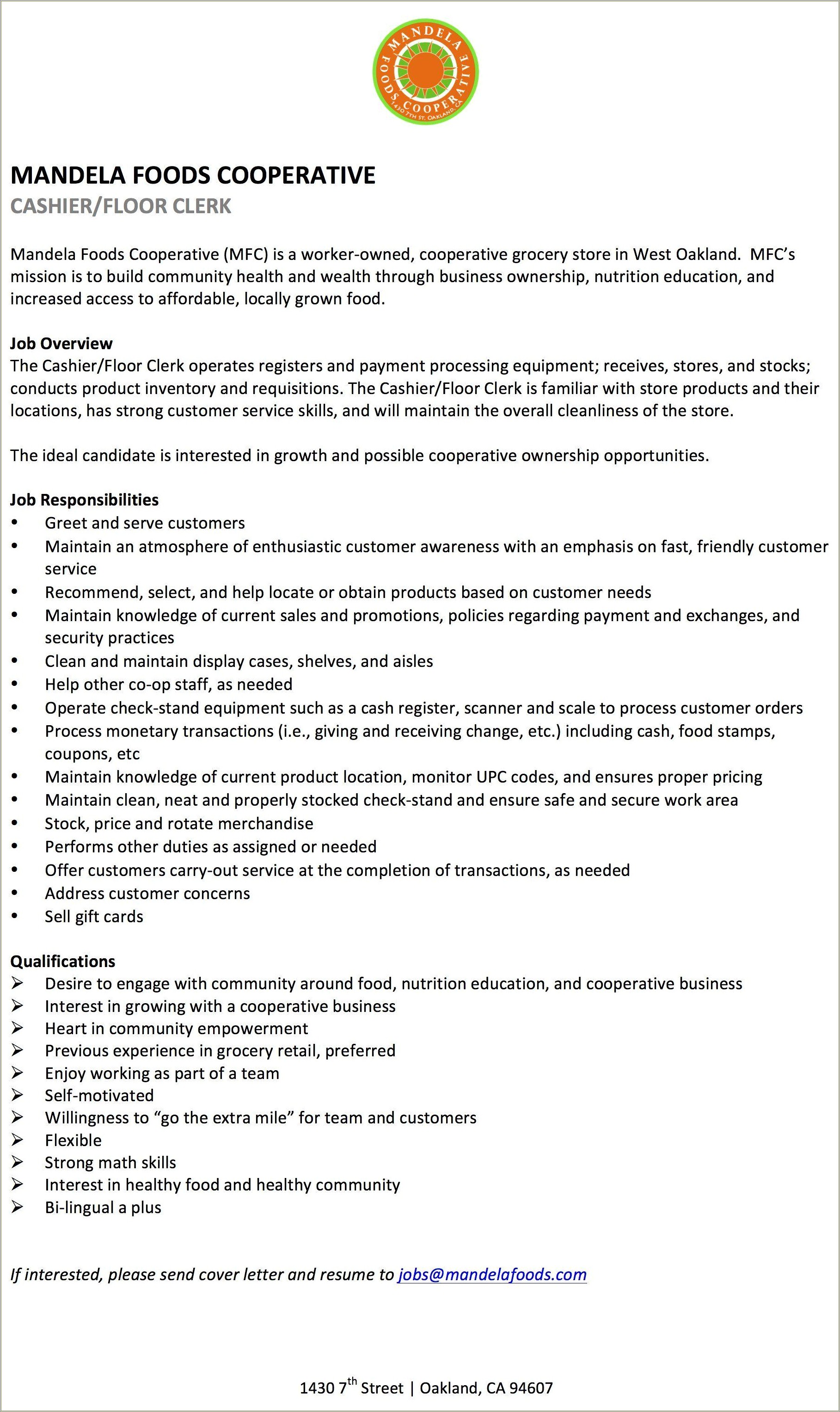 Convenience Store Clerk Job Description Resume Resume Example Gallery