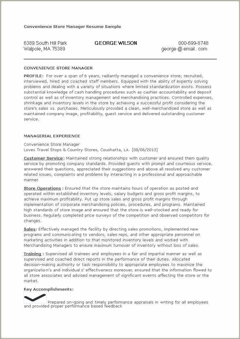 Convenience Store Manager Responsibilities Resume Resume Example Gallery