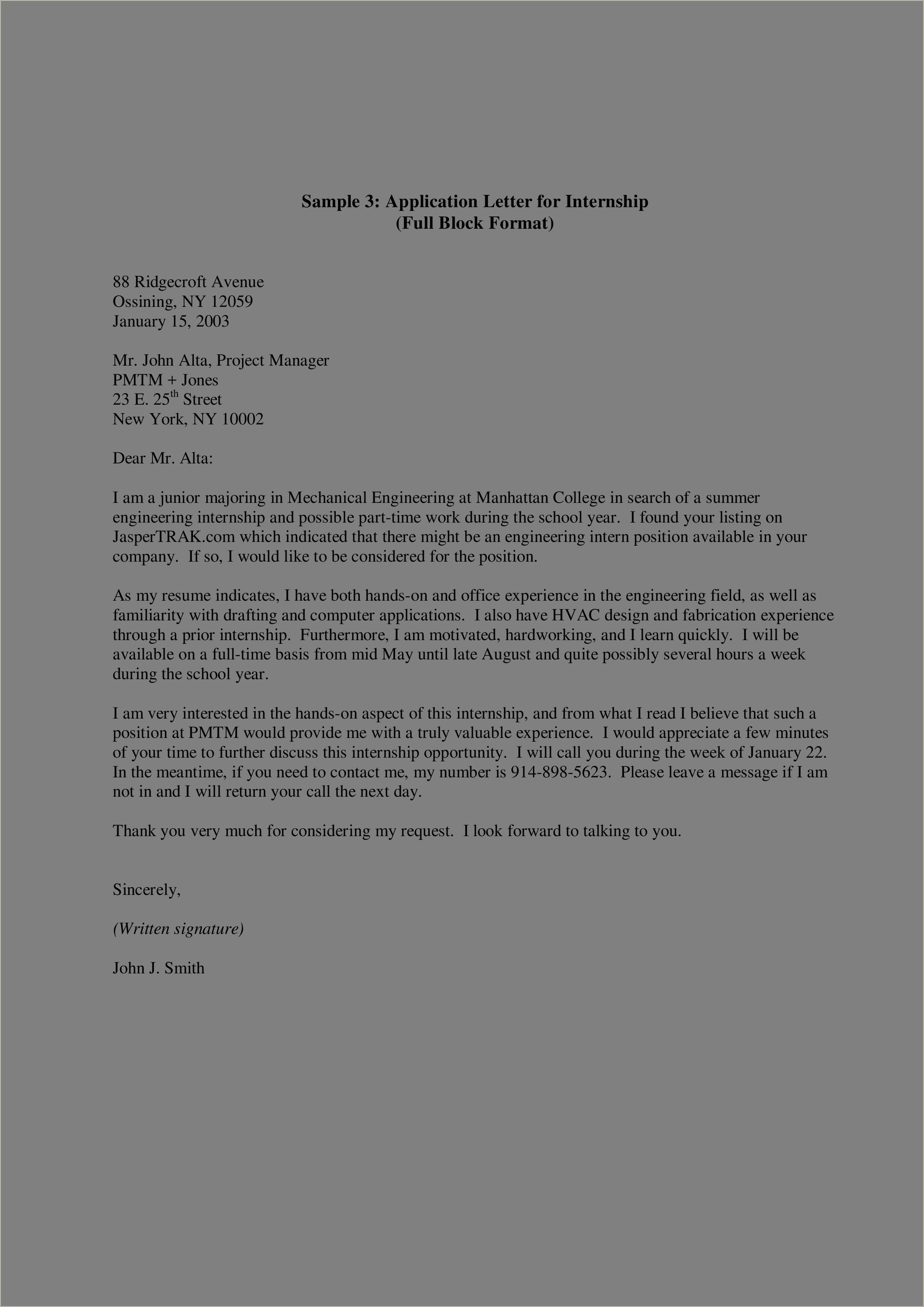 Cover Letter Sample For Resume Internship - Resume Example Gallery