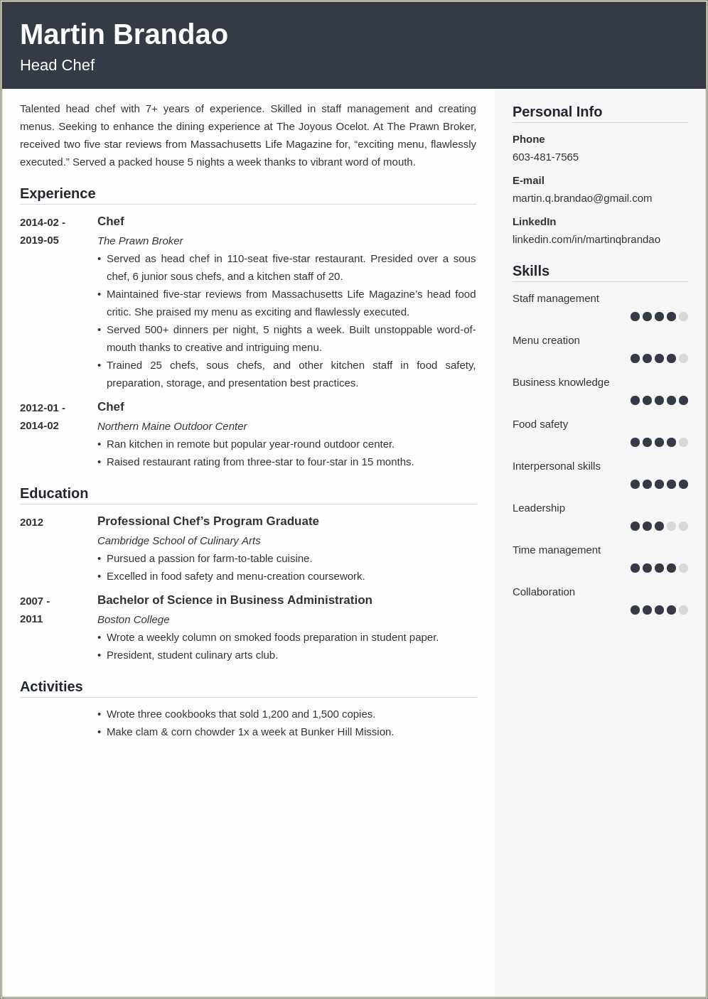 Culinary Arts Student Resume Skills - Resume Example Gallery