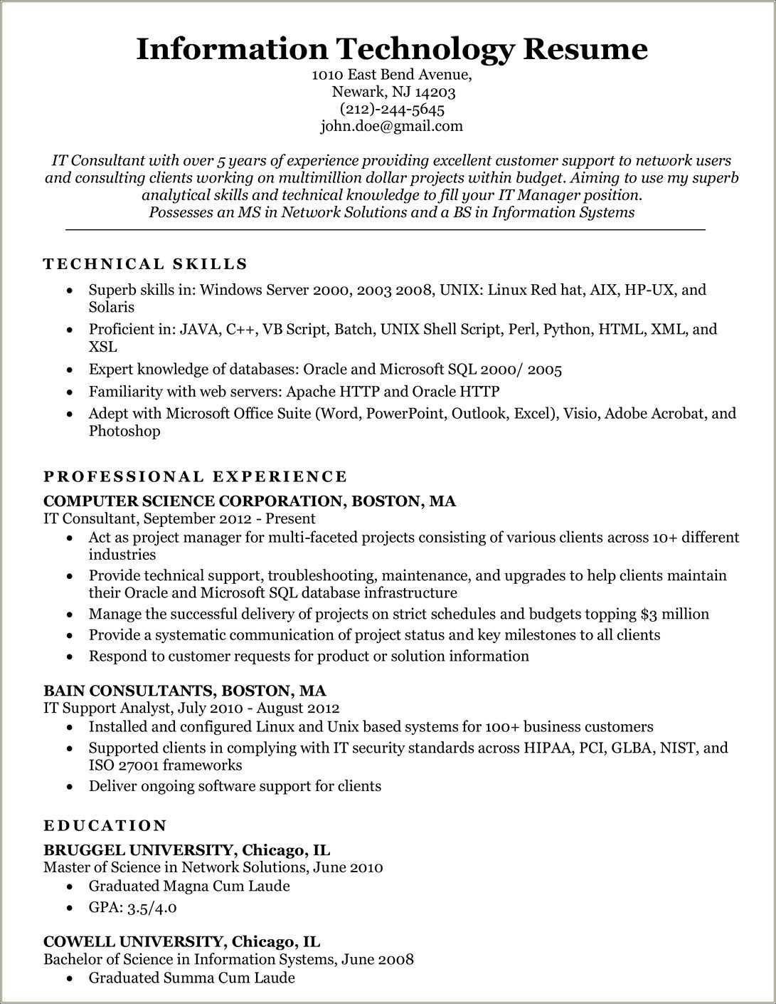 Cybersecurity Resume Sample With No Experience - Resume Example Gallery