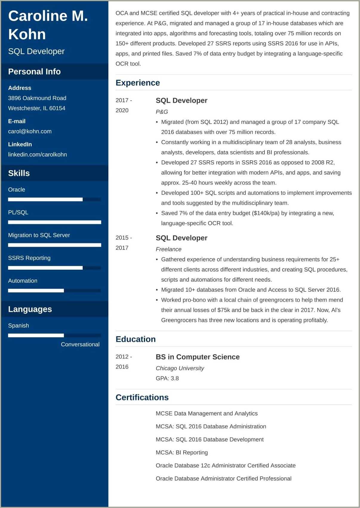 Data Profiling Pl Sql Job Resume - Resume Example Gallery