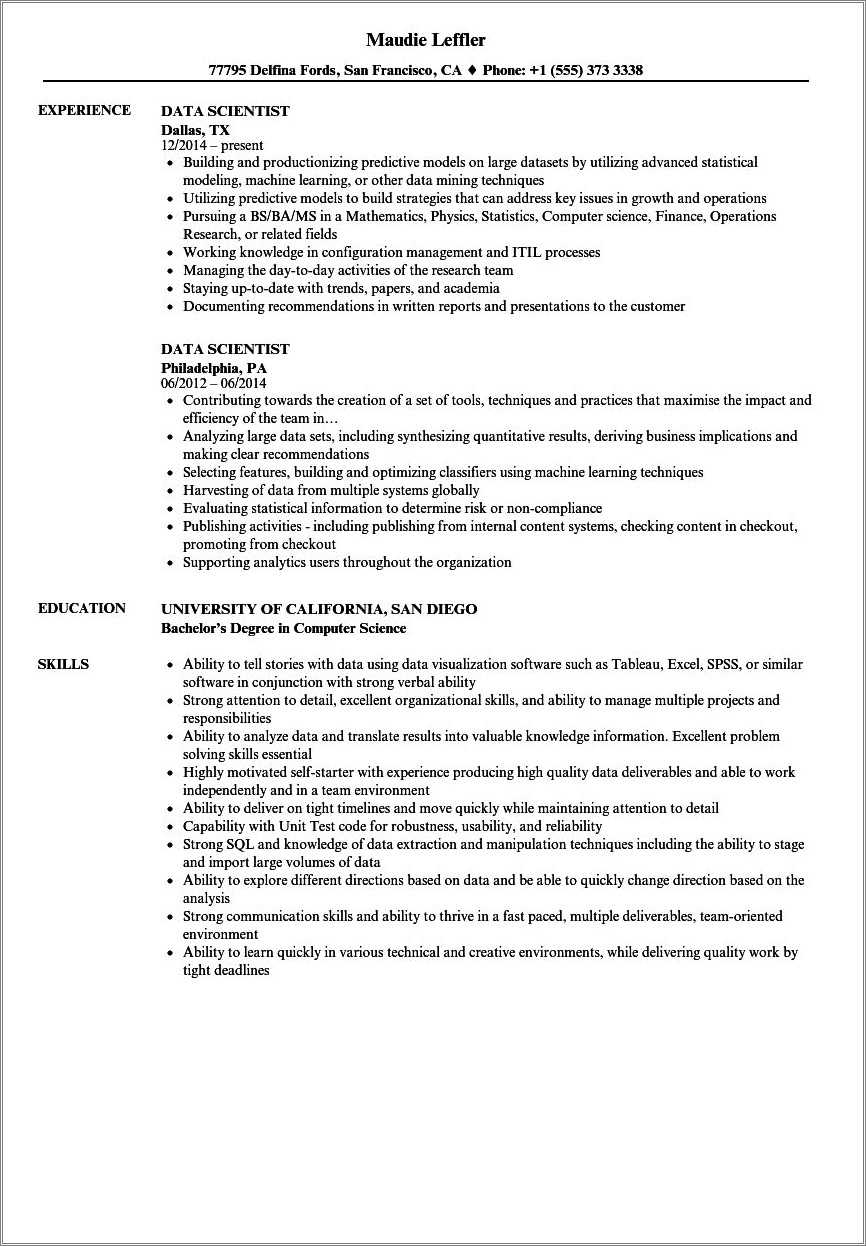 Data Science Dream Job Resume Template Resume Example Gallery