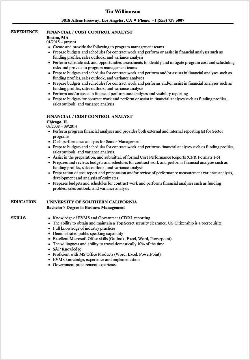 Dcma Contract Price Cost Analyst Resume Examples - Resume Example Gallery