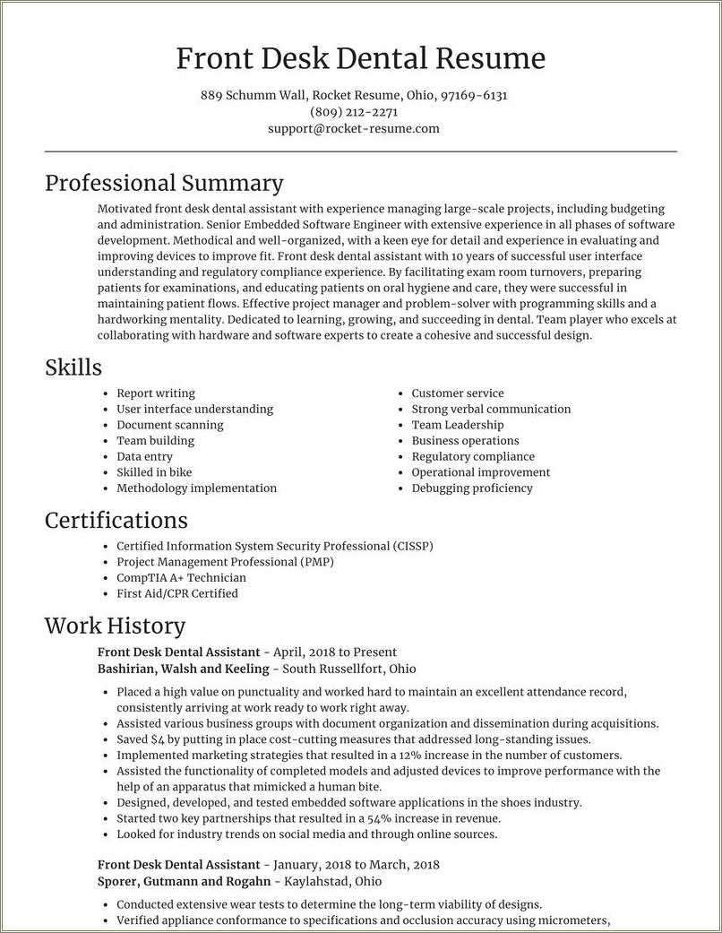 Dental Front Office Resume Examples