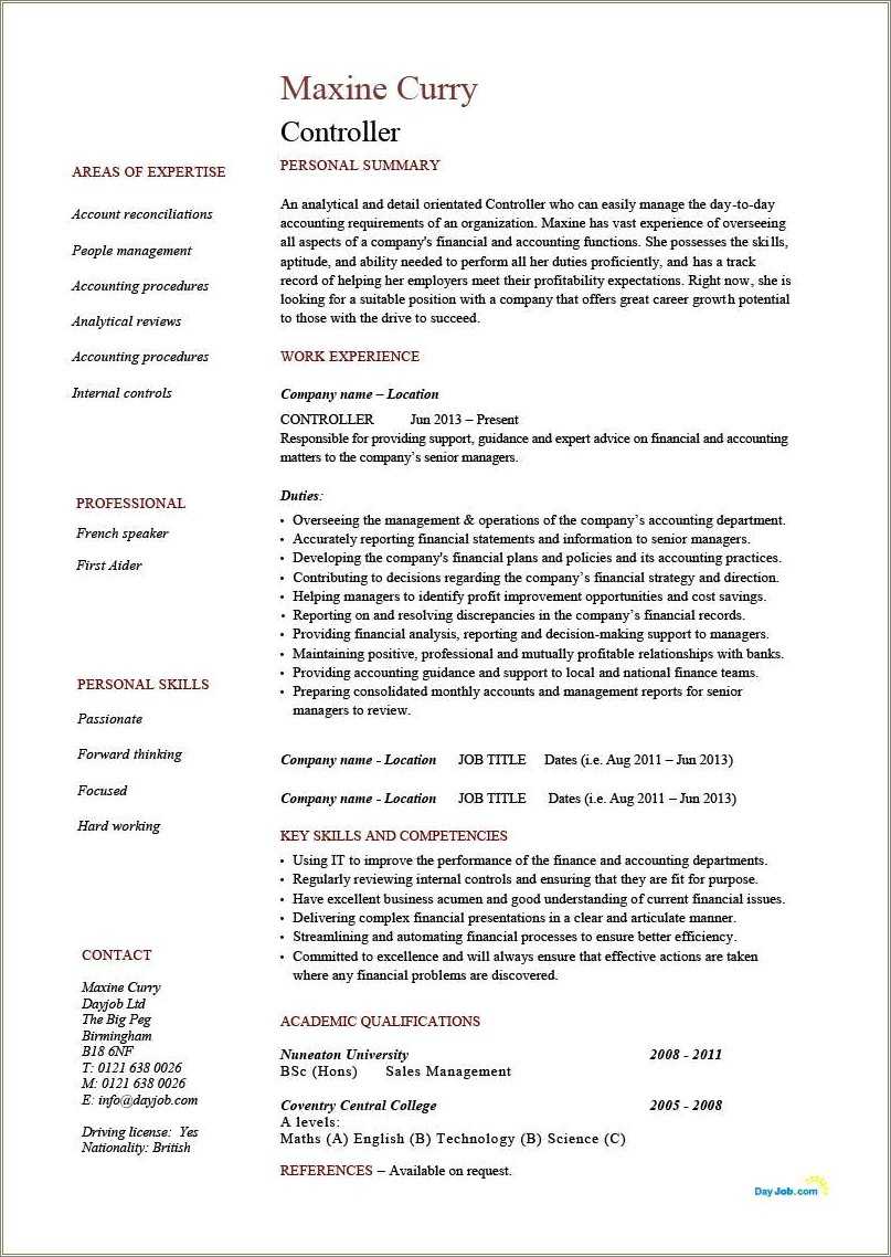 detailed resume sample with job description
