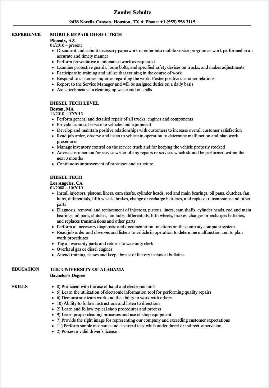 Heavy Duty Diesel Truck Mechanic Resume Sample - Resume Example Gallery