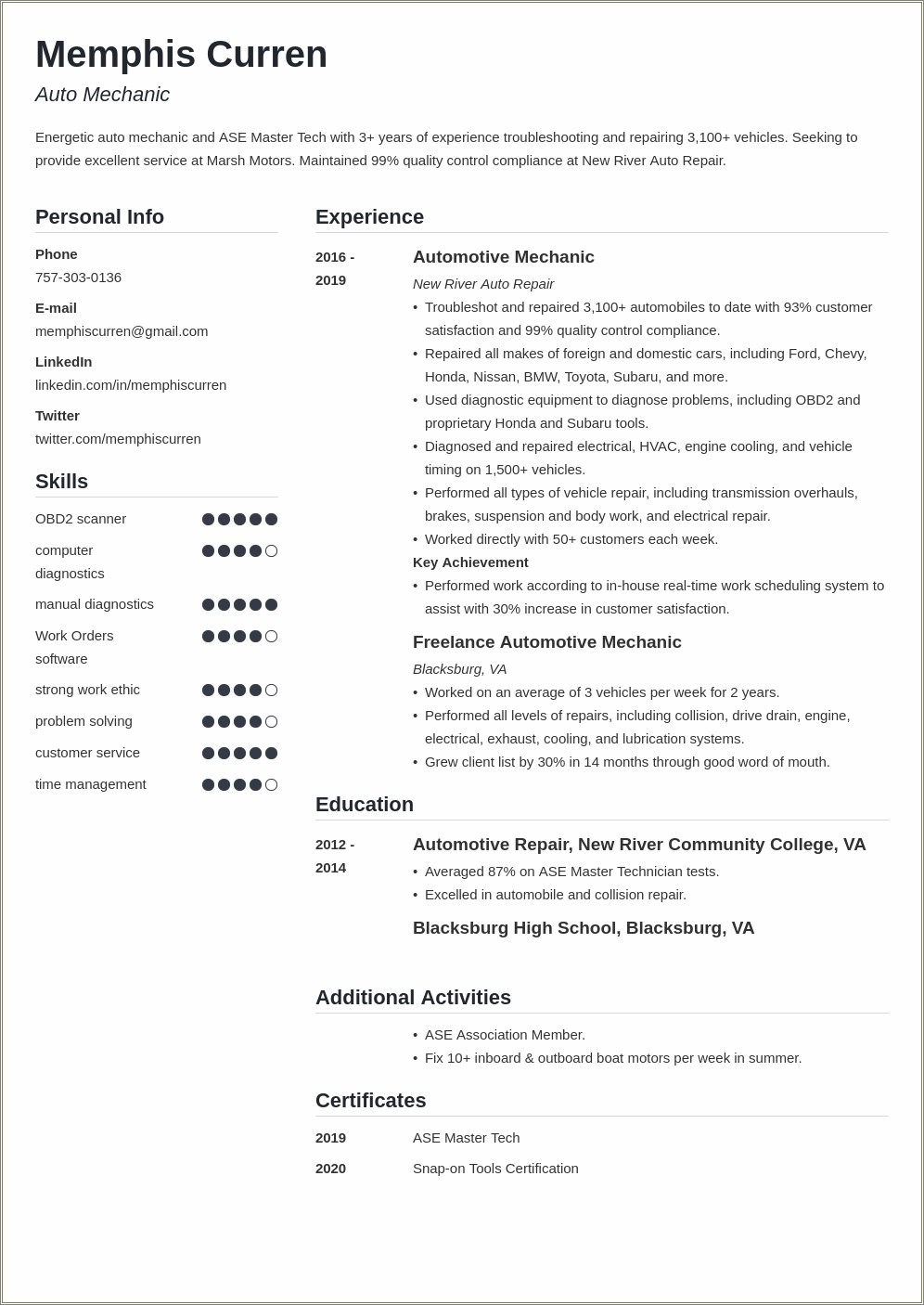 Diesel Mechanic Resume Objective Examples - Resume Example Gallery