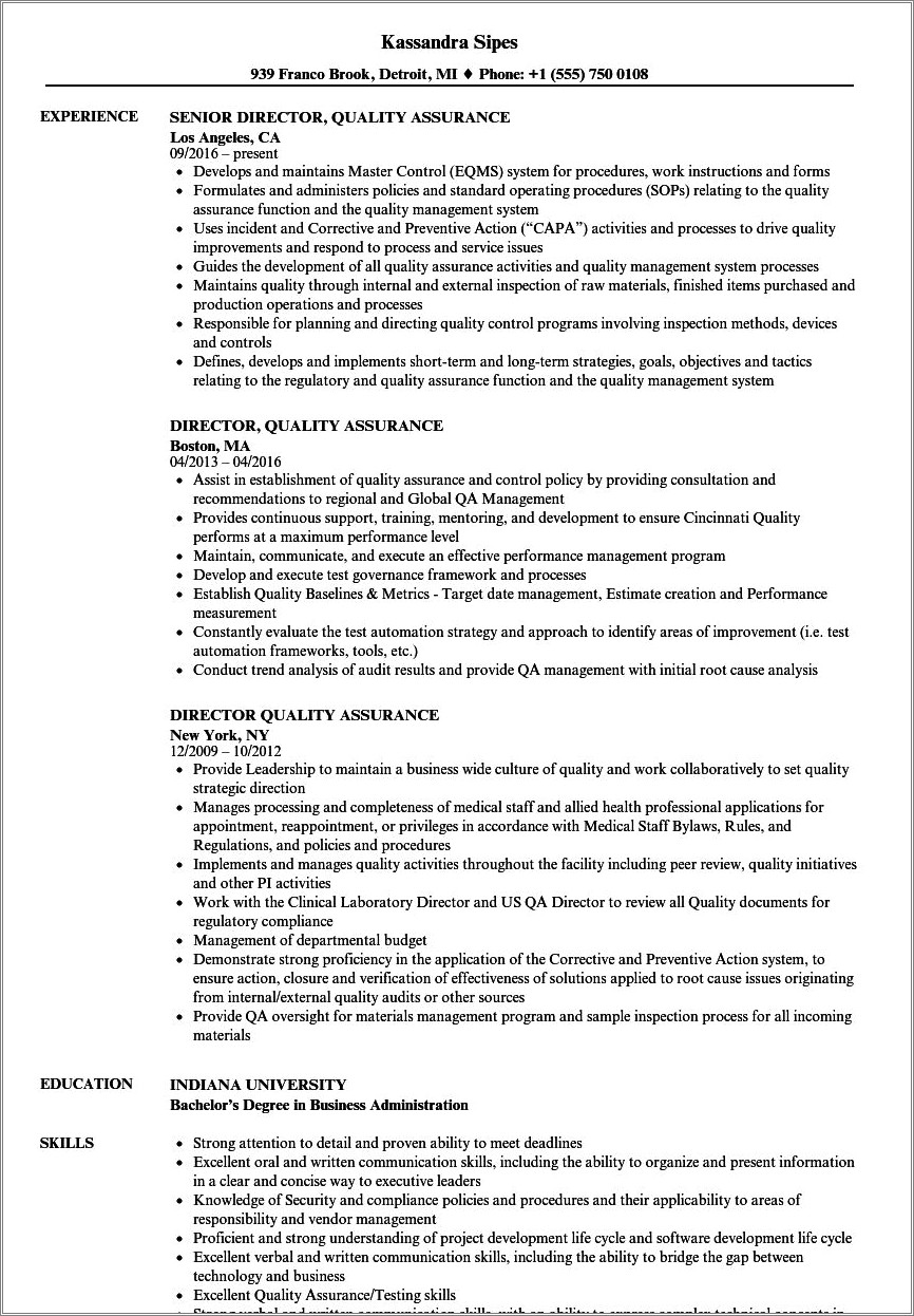 Director Of Quality Resume Examples - Resume Example Gallery