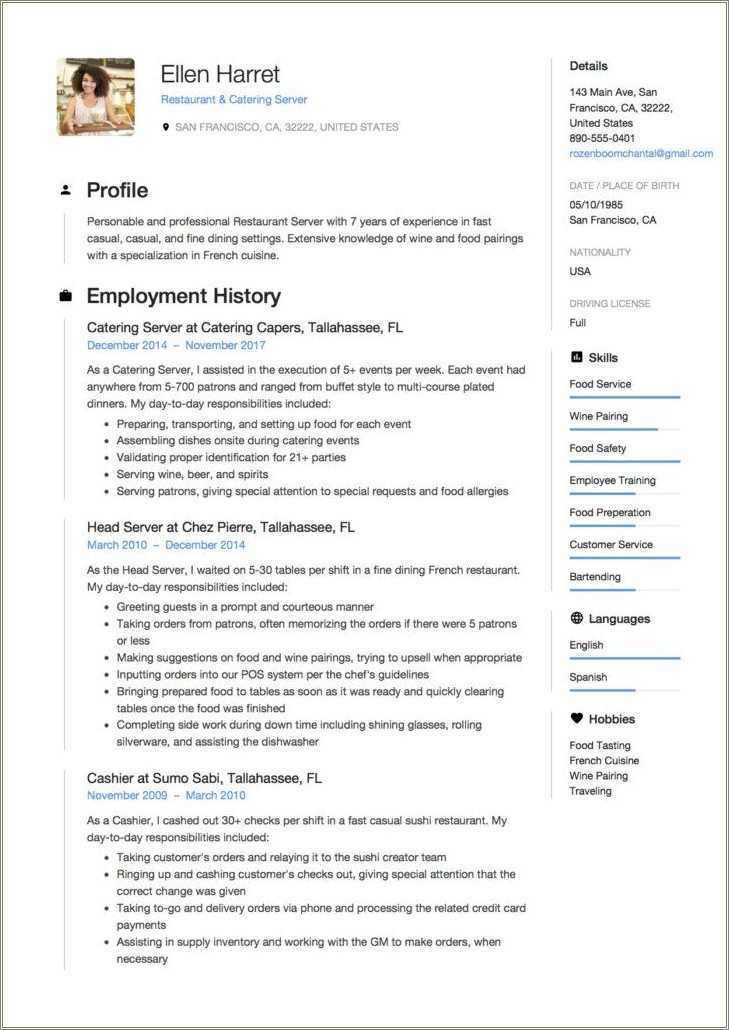 Describing Serving Job On Resume - Resume Example Gallery