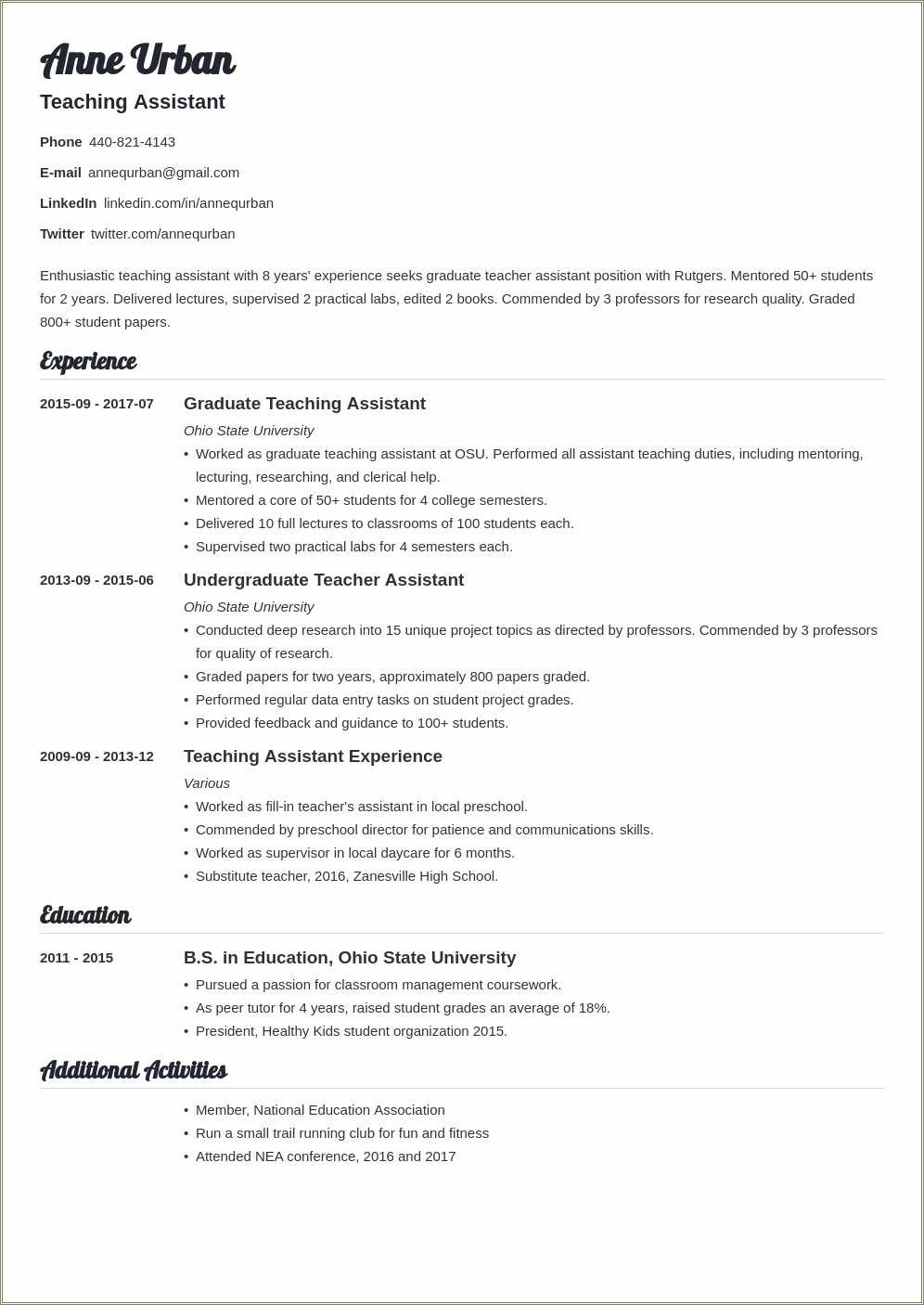 How To Put Ta Experience On Resume