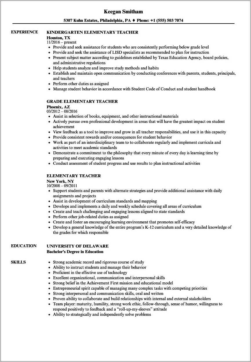 Elementary Teacher Job Description Resume Resume Example Gallery