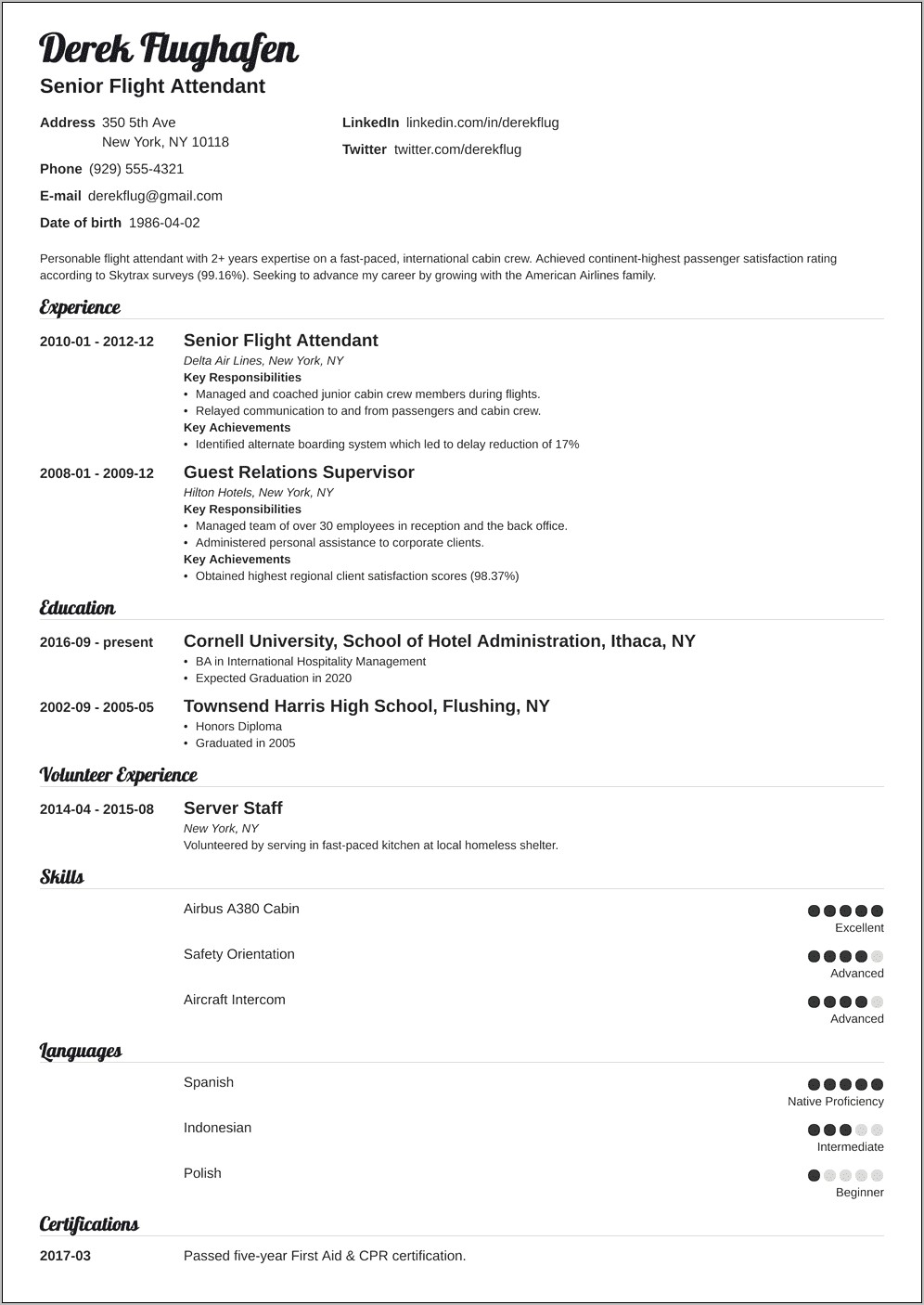 Cabin Crew Skills Resume Sample - Resume Example Gallery