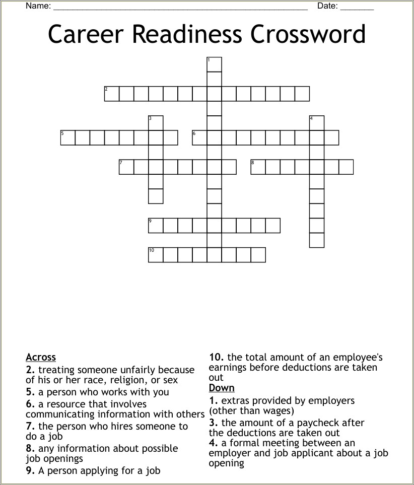 Employment And Career Readiness Job Resume Crossword Puzzle Resume