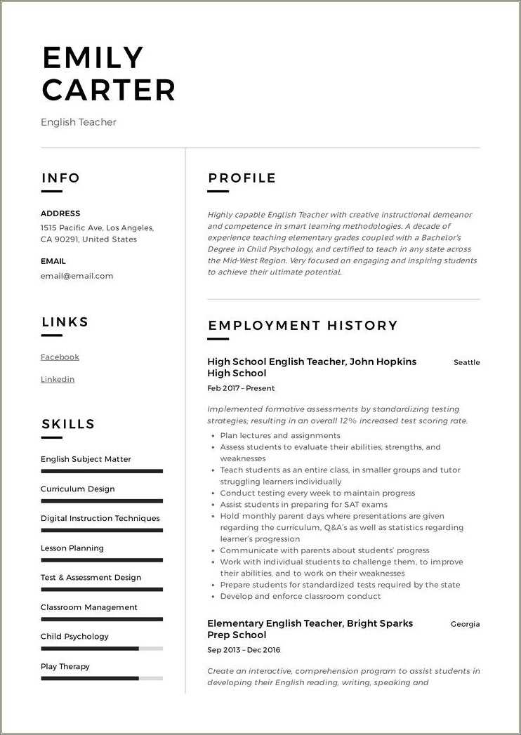 Free English Teacher Resume Templates Resume Example Gallery