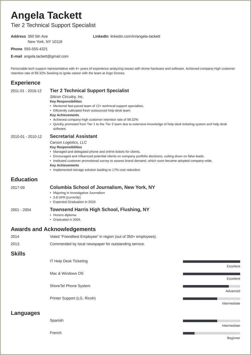 Entry Desktop Support Specialist Branding Statement Resume Examples ...