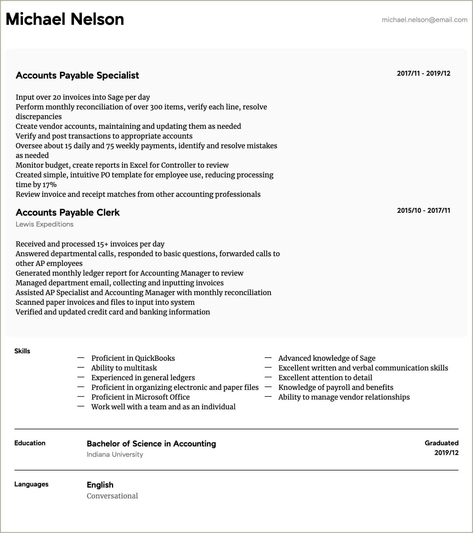 Entry Level Accounts Payable Resume Sample - Resume Example Gallery