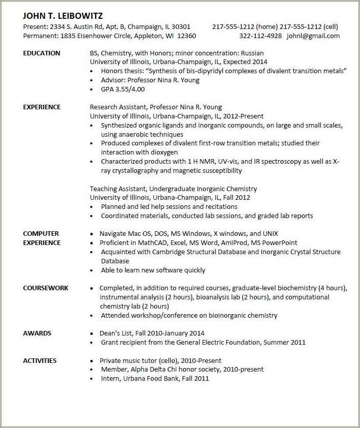 Entry Level Biochemistry Resume Sample - Resume Example Gallery