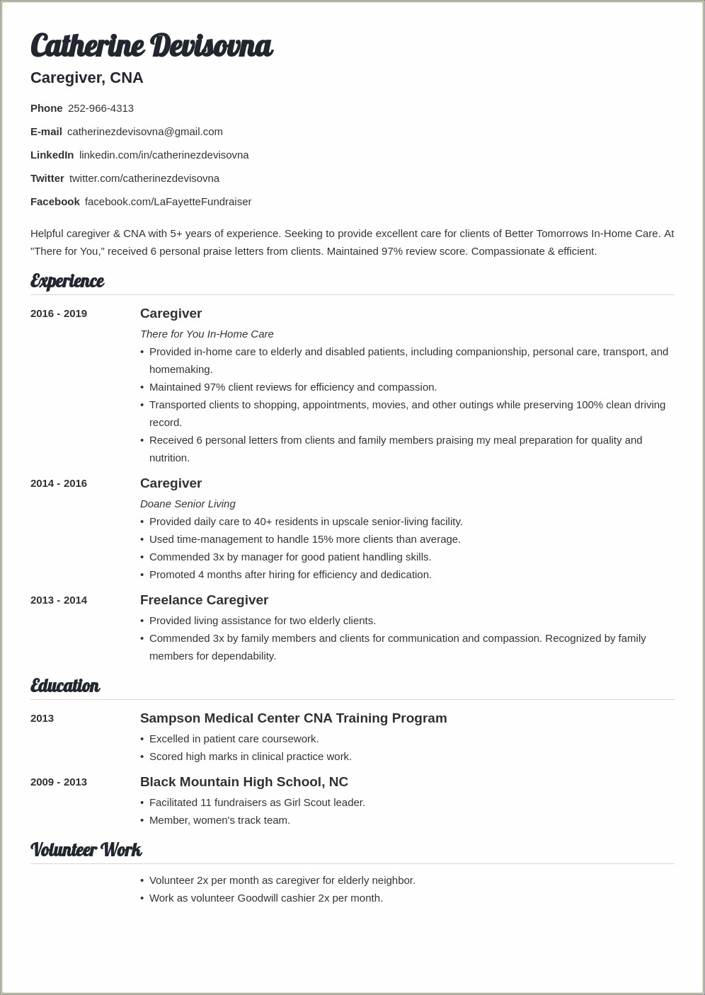 Entry Level Caregiver Resume With No Experience - Resume Example Gallery