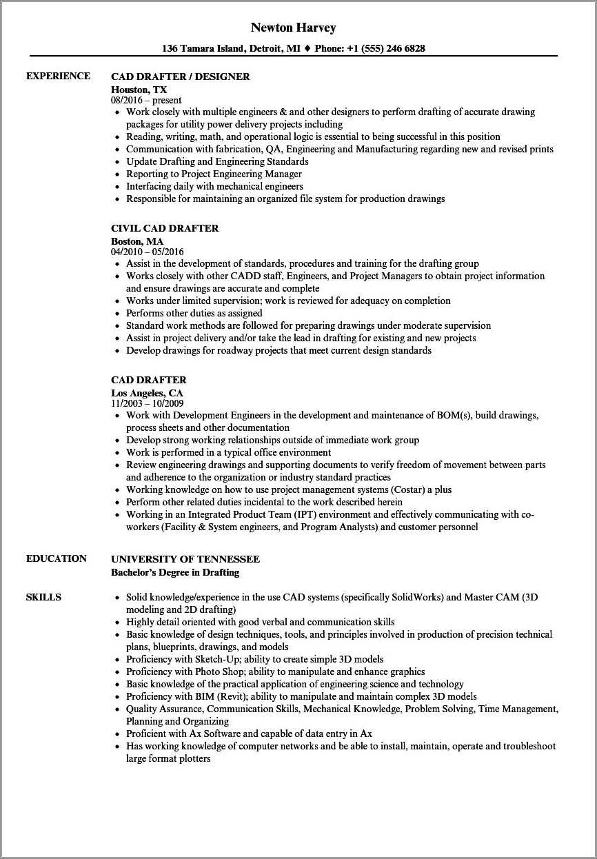 Entry Level Civil Cad Designer Sample Resume - Resume Example Gallery