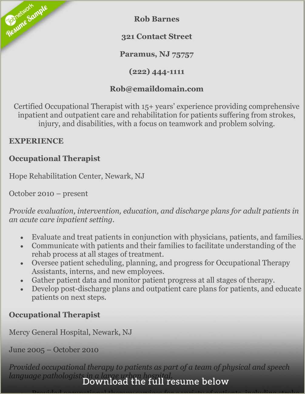 Entry Level Occupational Therapy Assistant Resume Sample - Resume ...