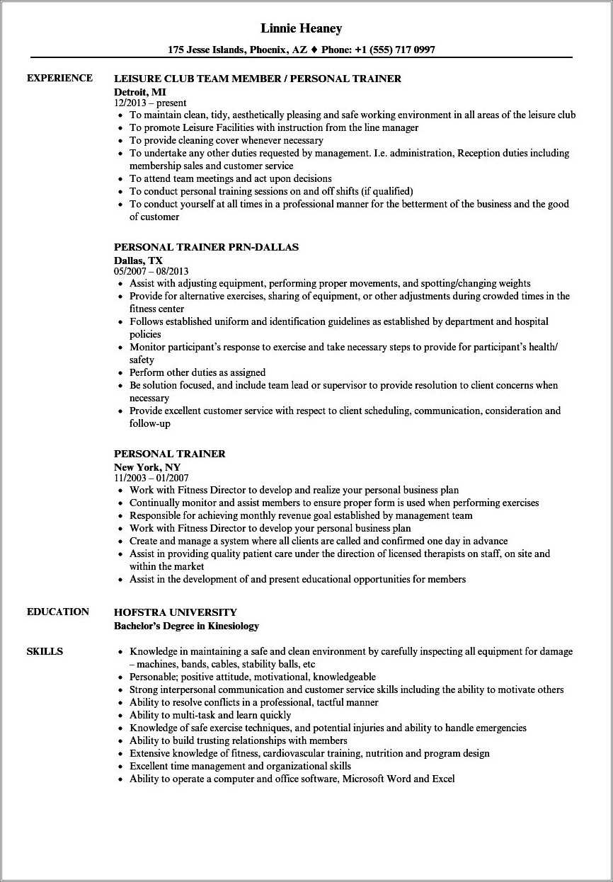 Entry Level Personal Trainer Resume Sample - Resume Example Gallery