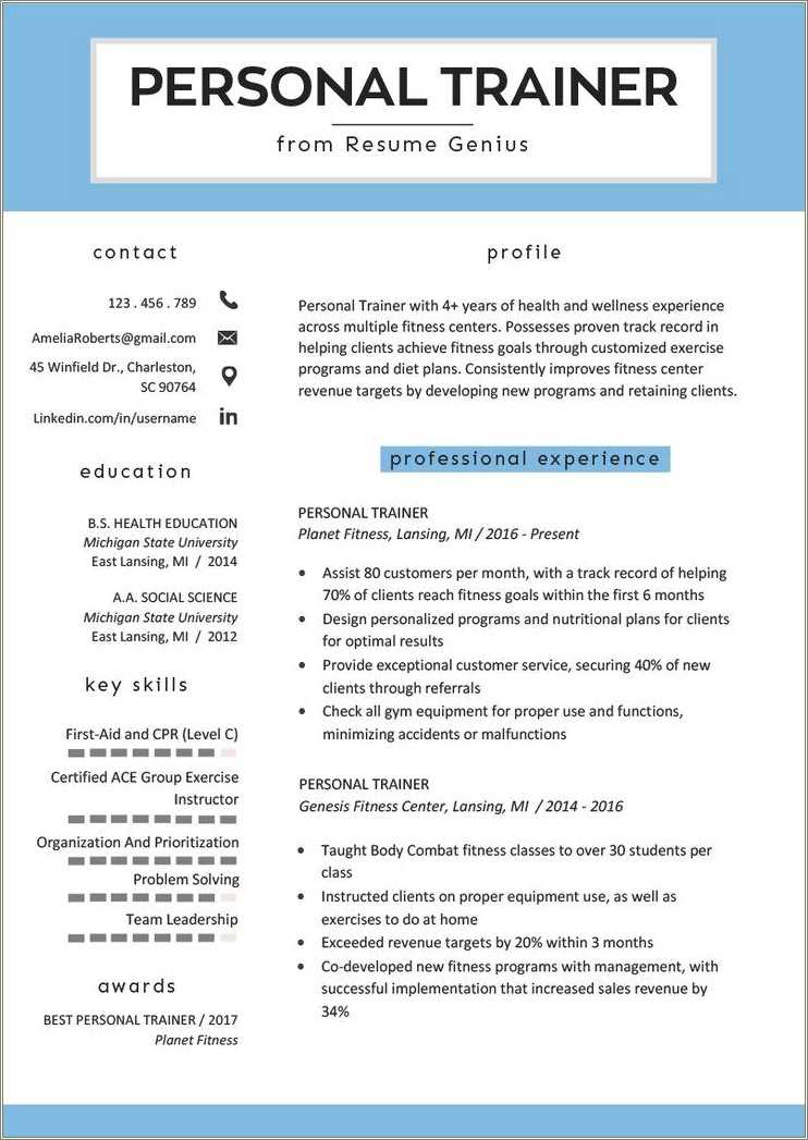 Entry Level Personal Trainer Resume Template - Resume Example Gallery