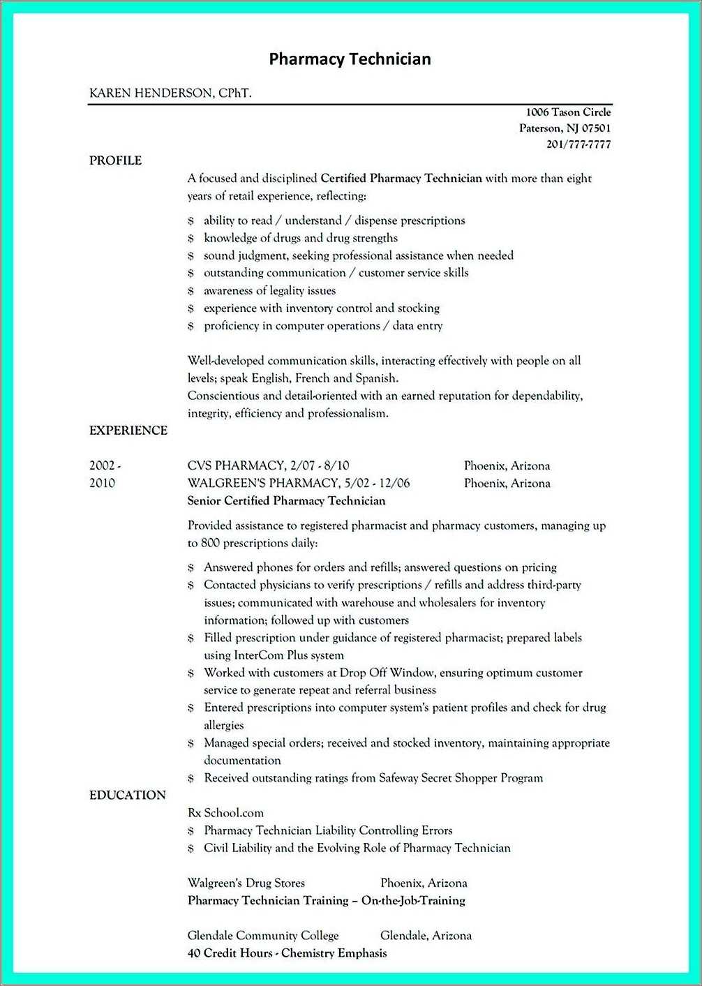 Entry Level Pharmacy Technician Resume Example - Resume Example Gallery