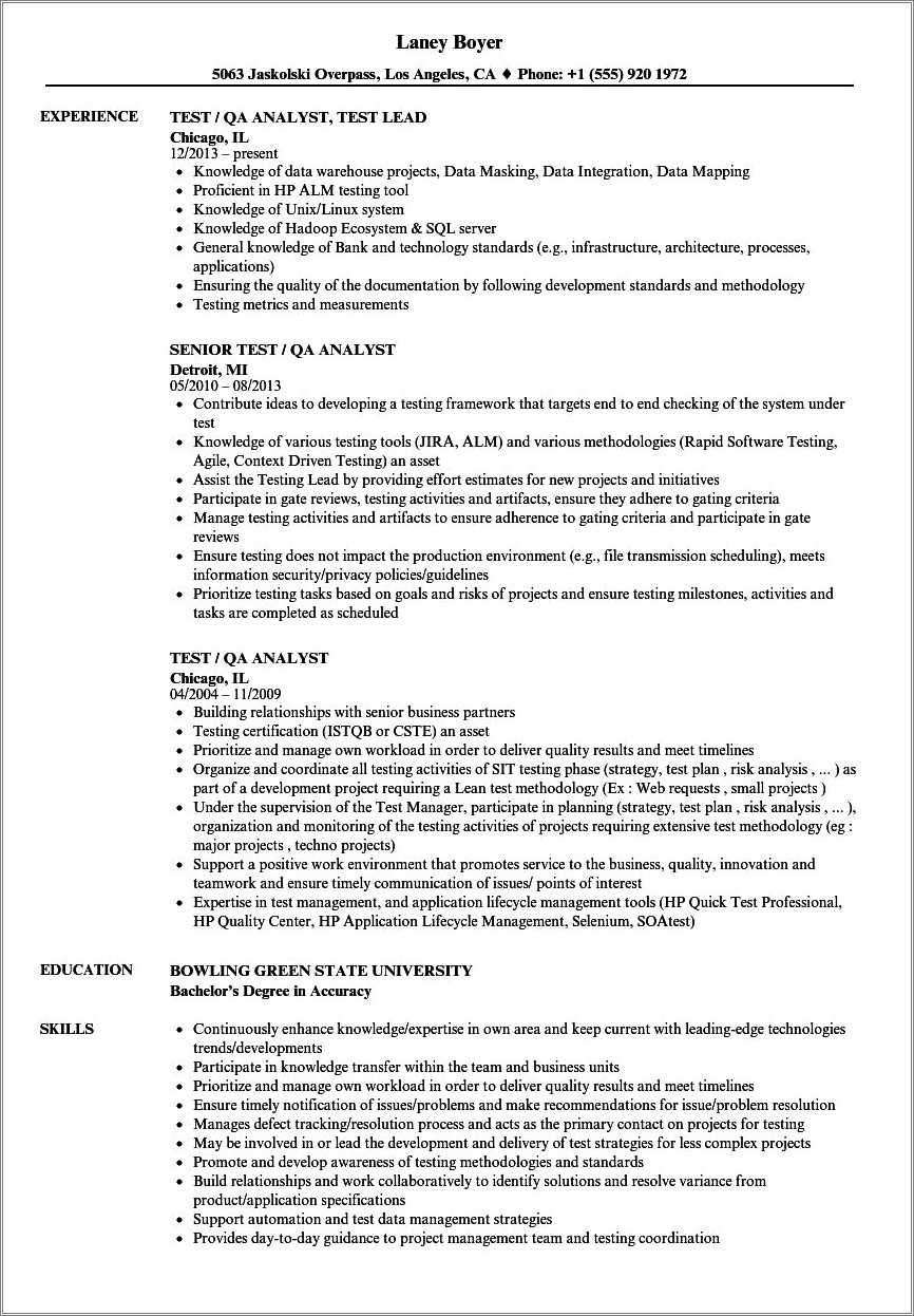 Qa Tester With Mulesoft Sample Resume - Resume Example Gallery