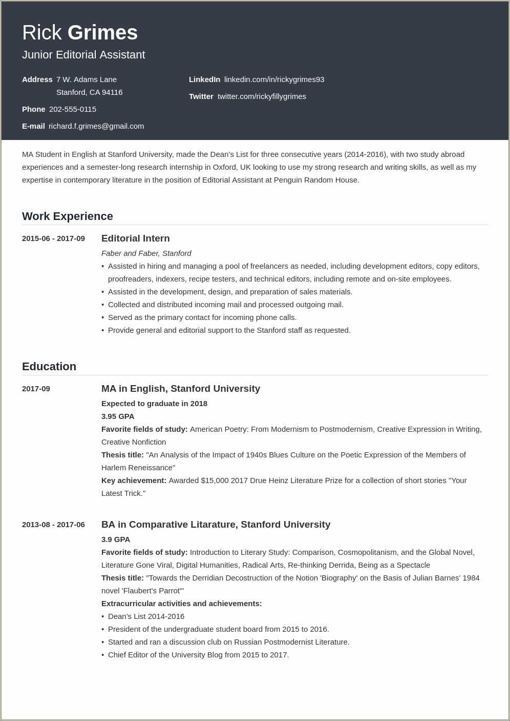 Example For Profile On A Resume Resume Example Gallery