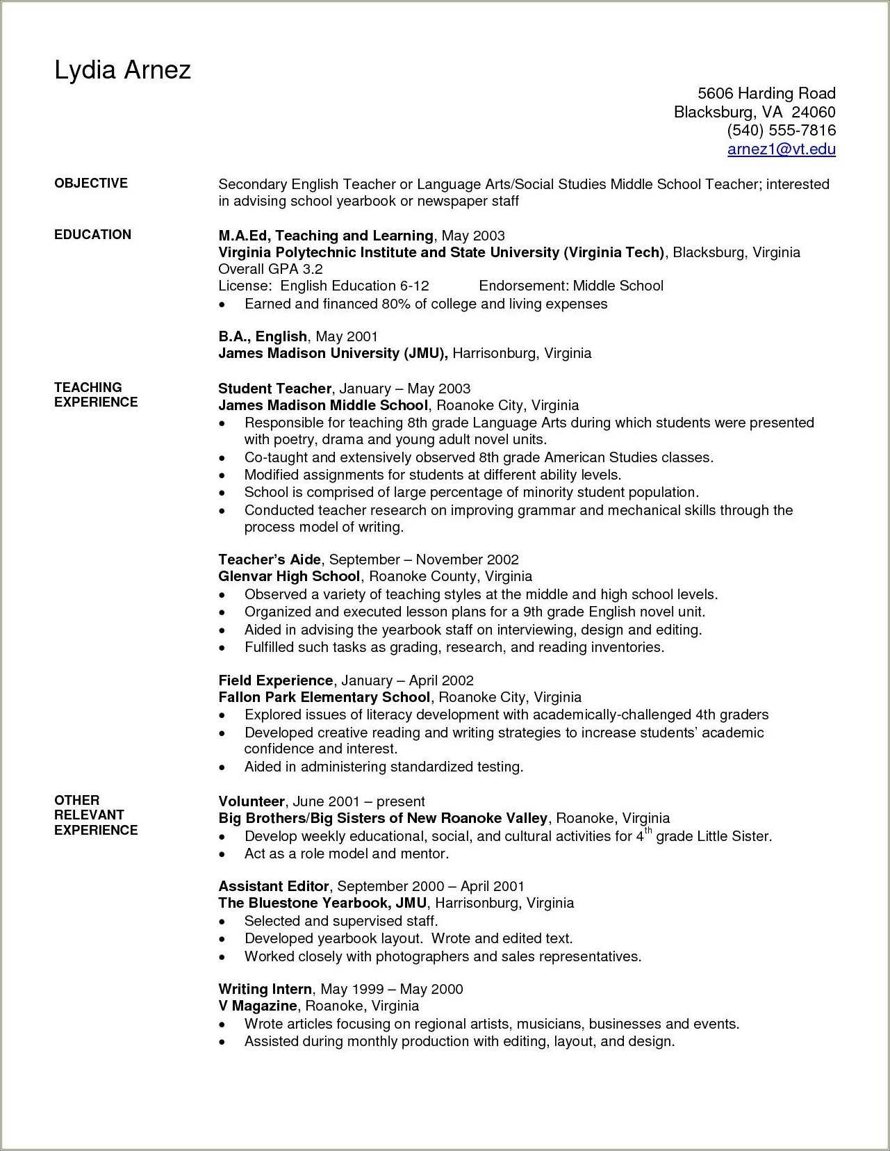 Example Middle School Math Teacher Resume - Resume Example Gallery