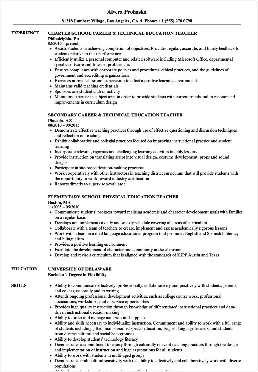 Example Of A Physical Education Teacher Resume - Resume Example Gallery