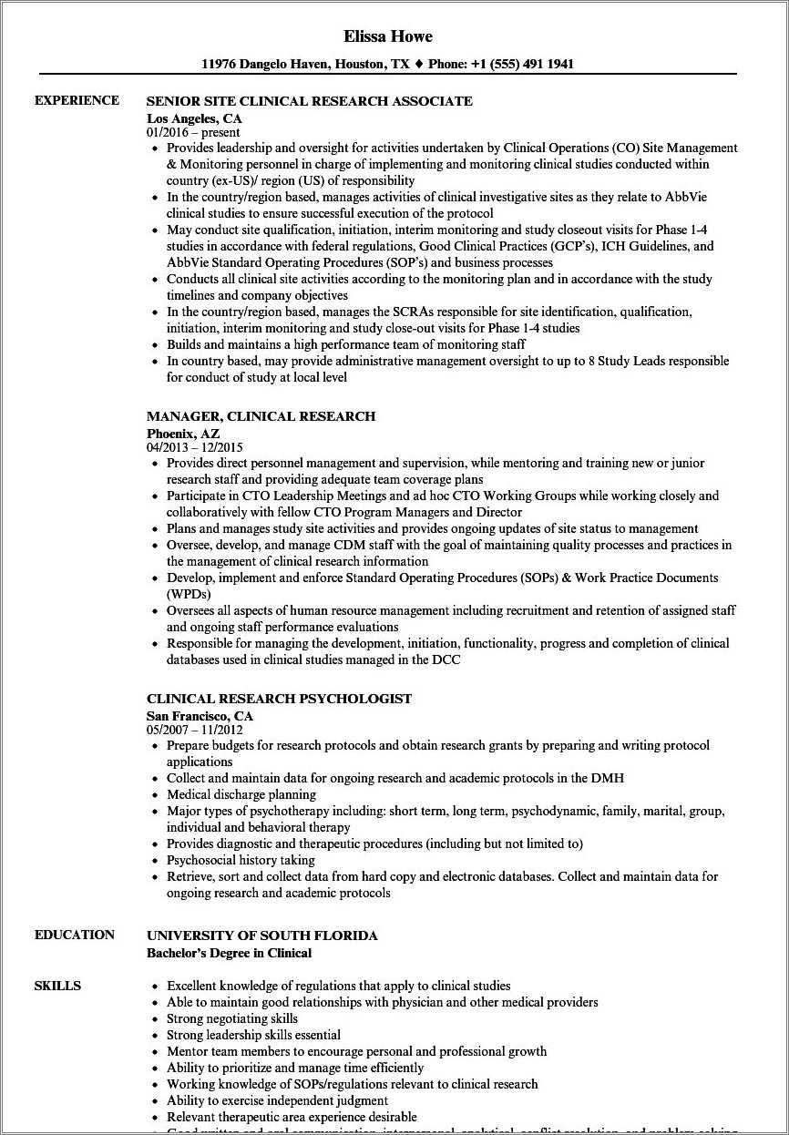 Example Of Clinical Research Associate Resume Sample - Resume Example ...