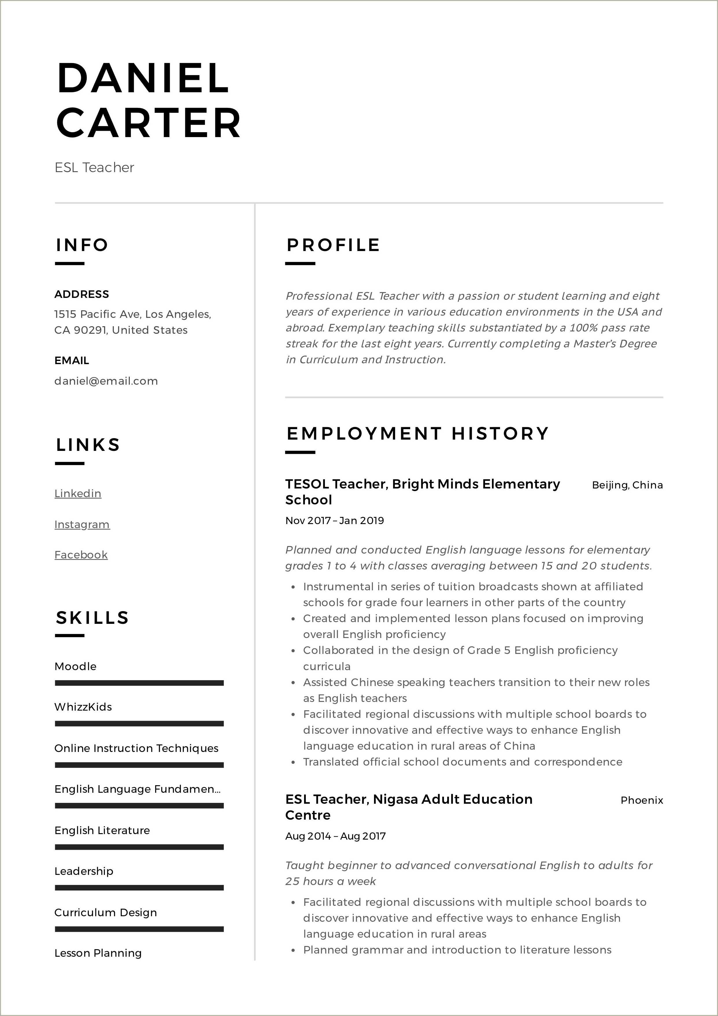 Example Of English Language Teacher Resume - Resume Example Gallery