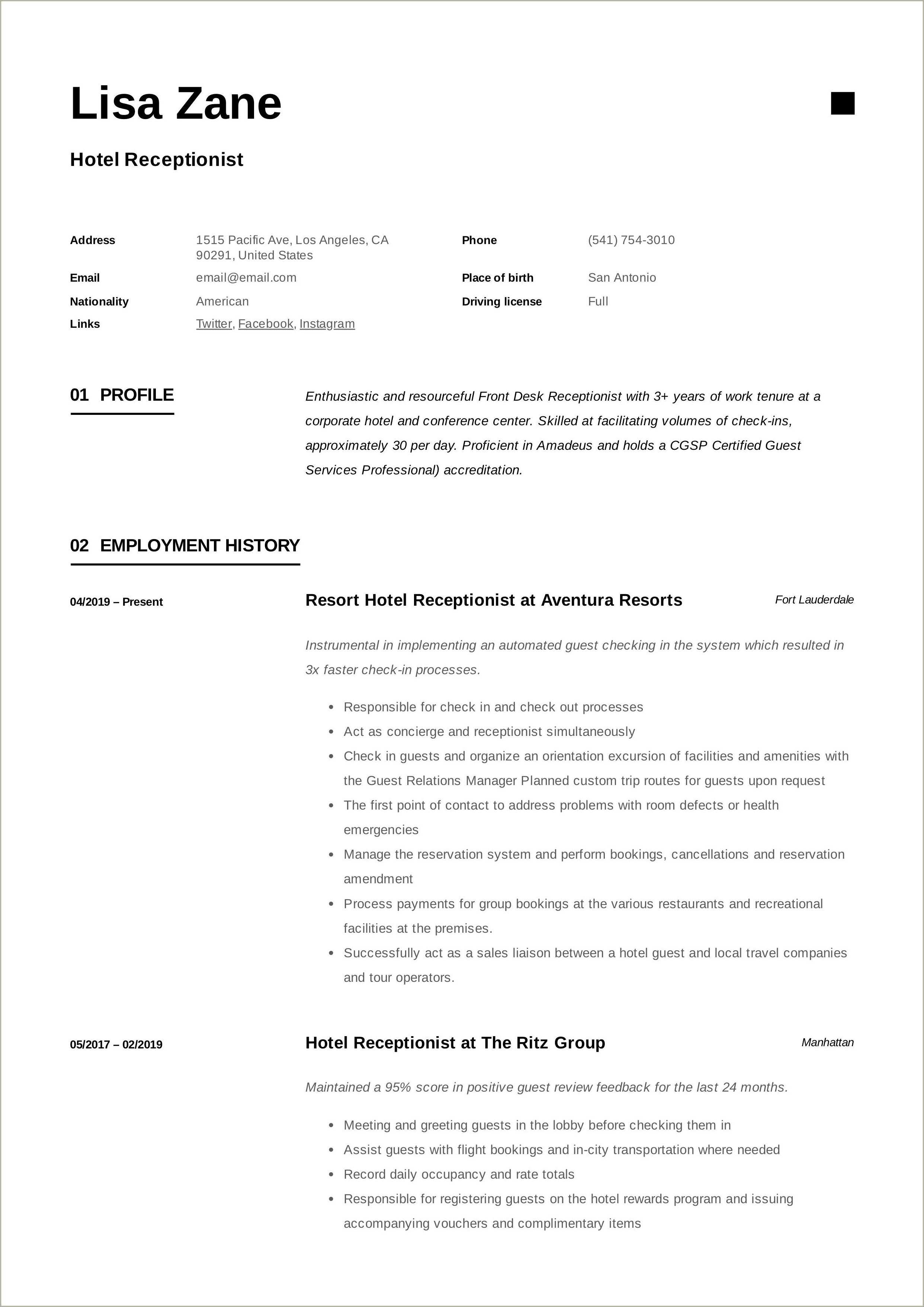 Example Of Hotel Receptionist Resume - Resume Example Gallery