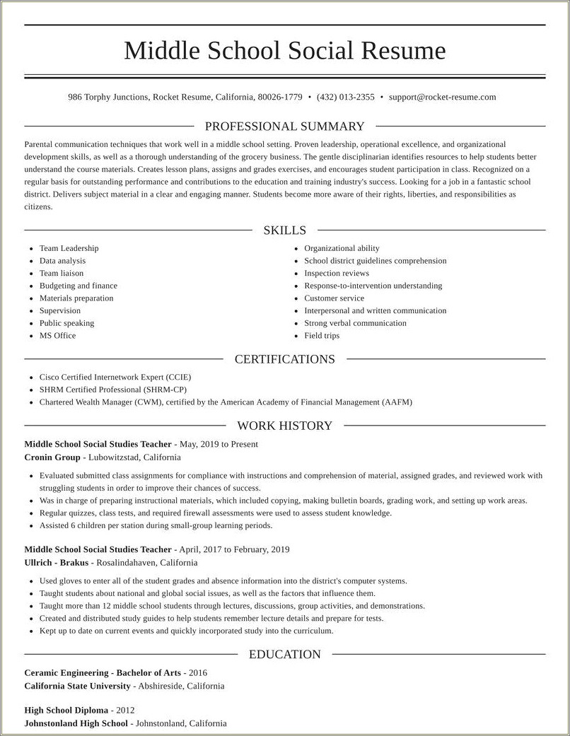 Example Of Middle School Resume - Resume Example Gallery