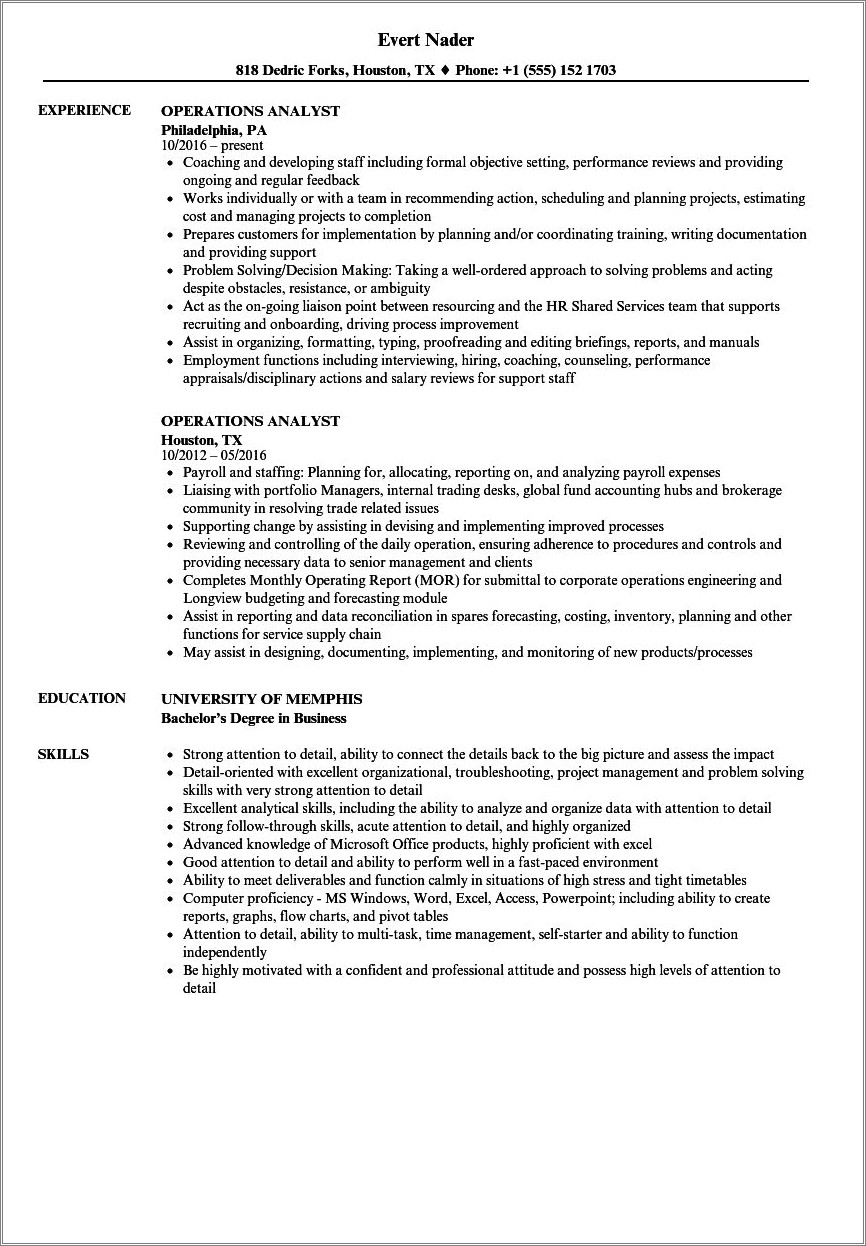 Example Of Operations Business Analyst Resume - Resume Example Gallery