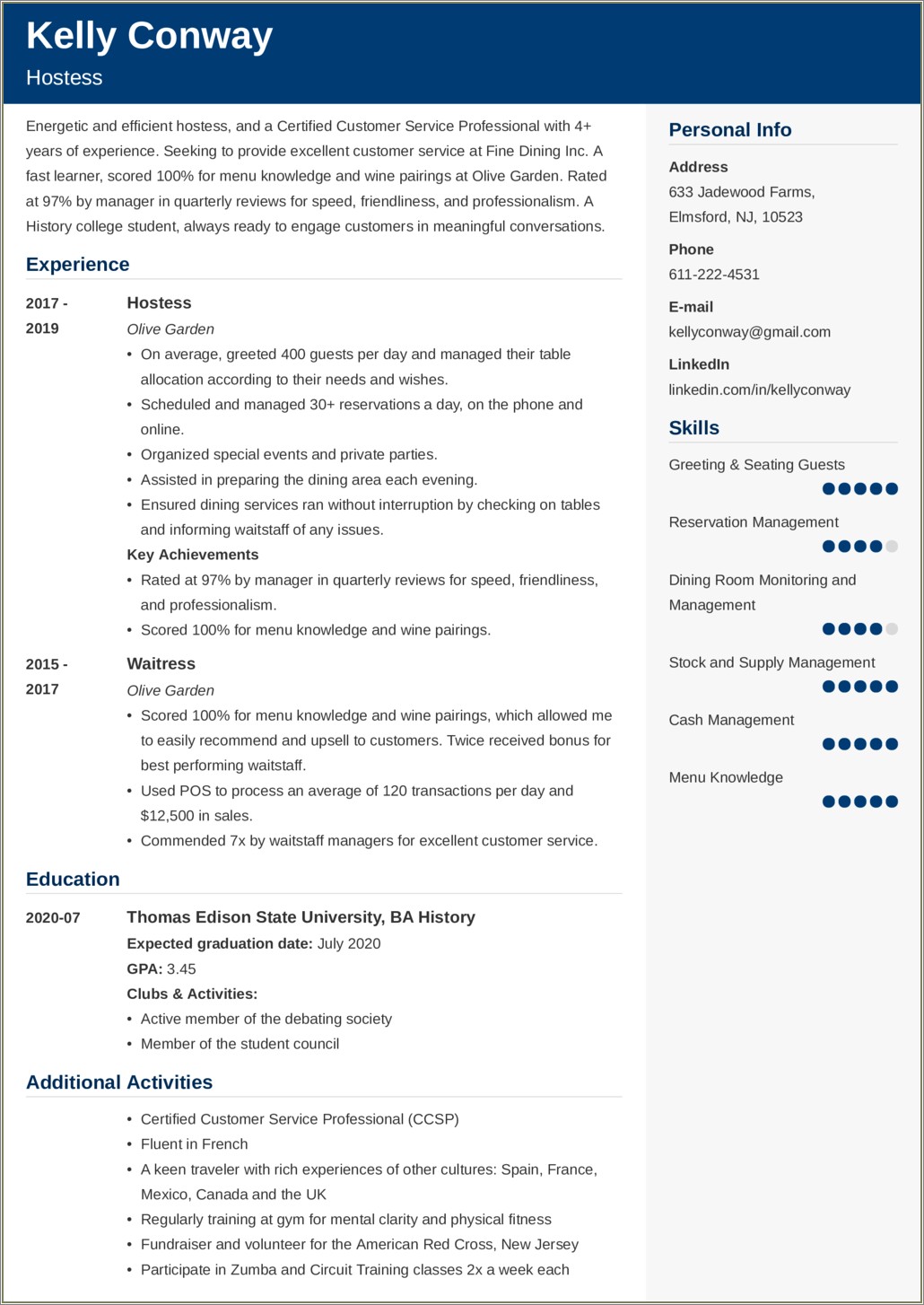 Resume For The Ritz Carlton Hostess Template - Resume Example Gallery