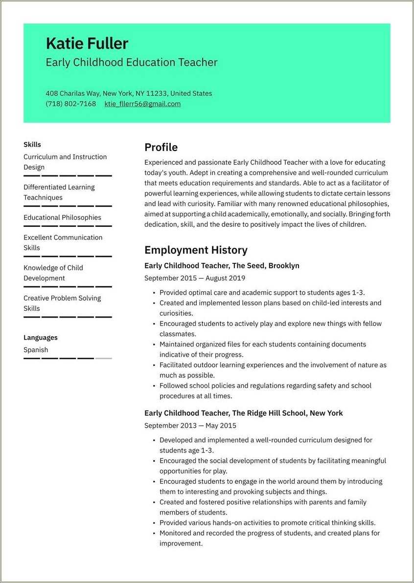 Example Of Resume For Early Childhood Teacher - Resume Example Gallery